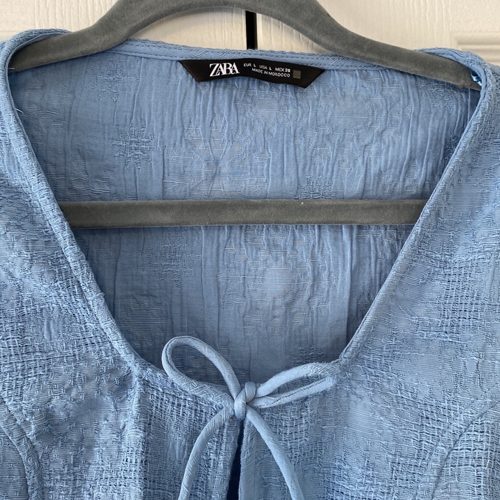 Zara Light Blue Tiered Ruffle Tie-Front Blouse - Picture 4 of 12